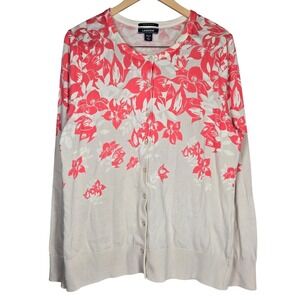 Lands End Womens XL Tall Cardigan Sweater Pink Floral Supima Cotton 475344